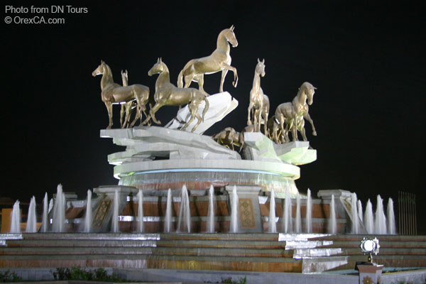 Night view of the Monument of Turkmen Horses