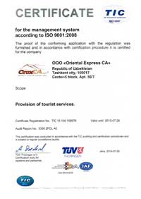 Certificate for the management system according to ISO 9001:2008