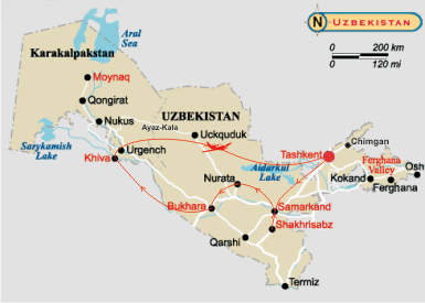 Map of tour to Uzbekistan - Towns and Sands