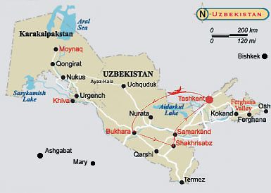 A map of journey through the history of Uzbekistan cities