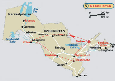 A map of journey through the history of Uzbekistan cities