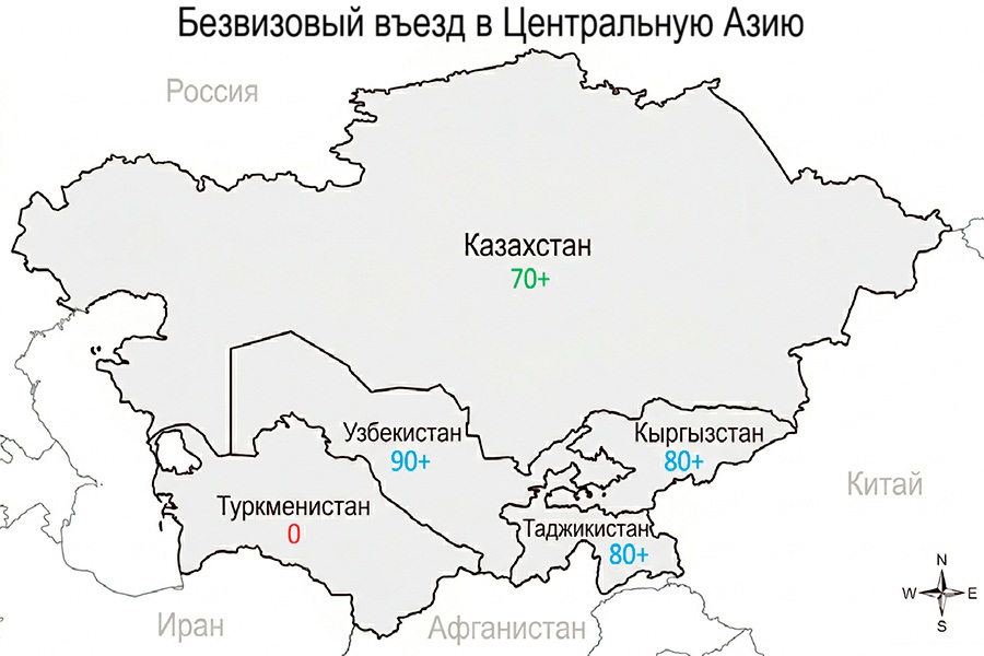 Карта безвизового въезда в Центральной Азии
