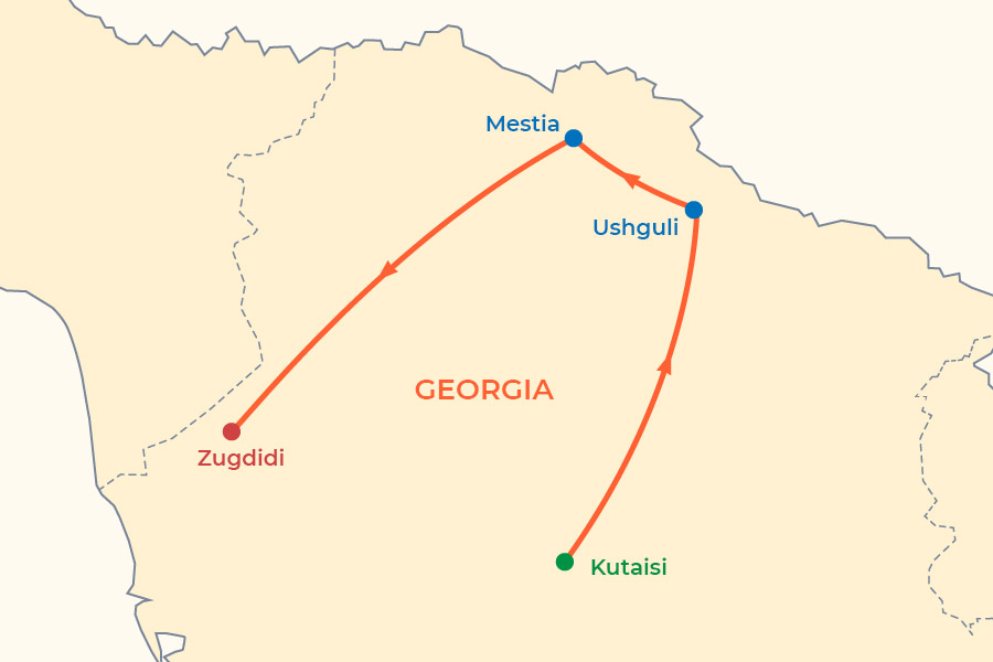 Ushguli and Mestia Hiking Tour from Kutaisi map