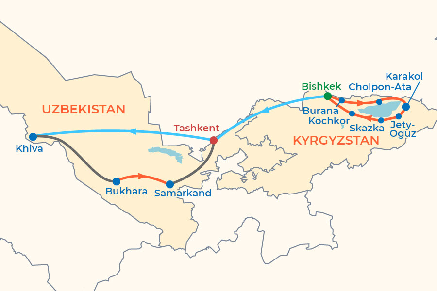 Kyrgyzstan-Uzbekistan 13-Day Tour map