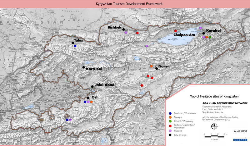 Map of Kyrgyzstan. Map of heritage sites of Kyrgyzstan. Kyrgyzstan map