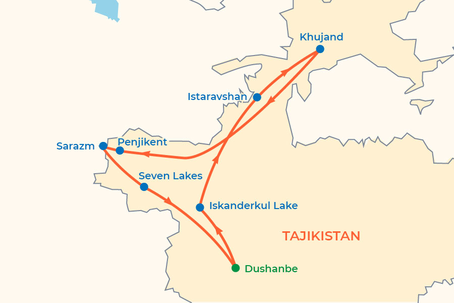 Mountains and Lakes of Tajikistan Tour map