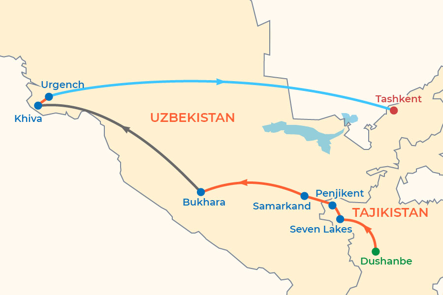 Tajikistan-Uzbekistan 11-Day Tour map