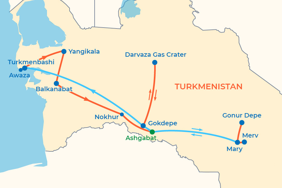 Explore Turkmenistan Tour map