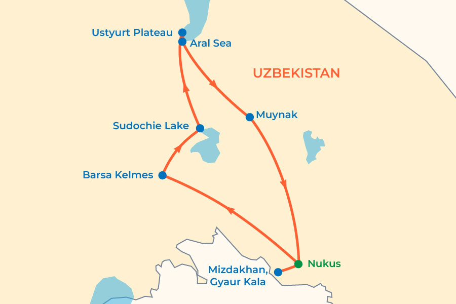 Pristine Aral Sea and Karakalpak Nature Tour map