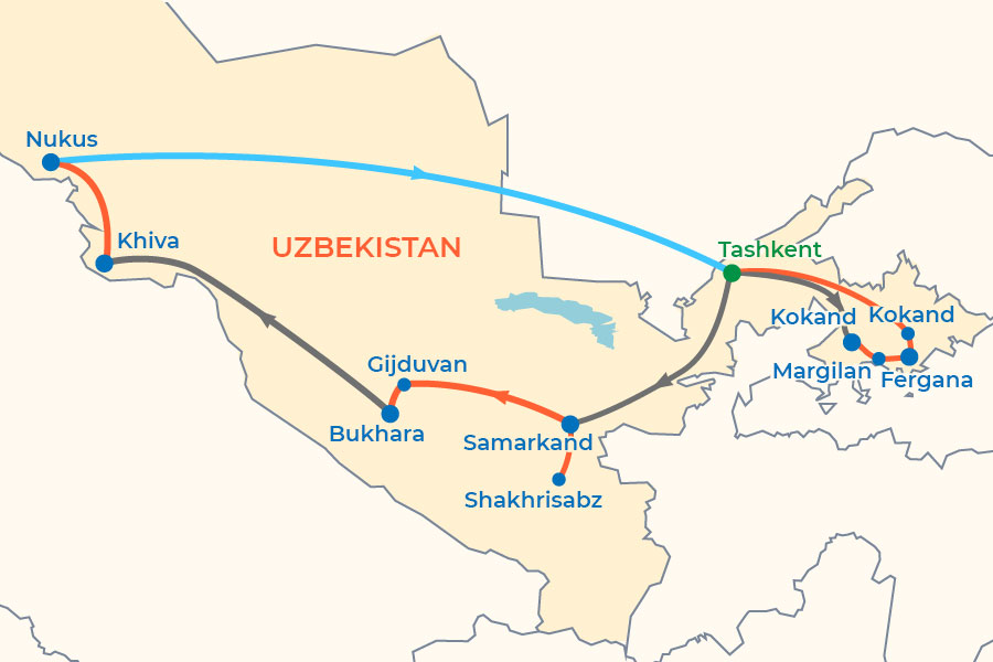 Uzbek Art and Culture Tour from USA map