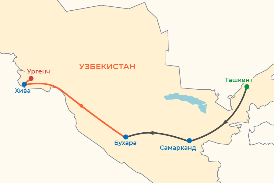 Экскурсионный тур в Узбекистан, карта тура