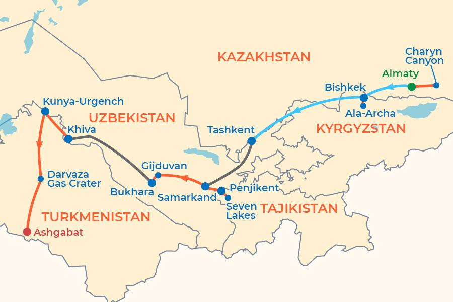 Pearls of Central Asia Tour from UK map