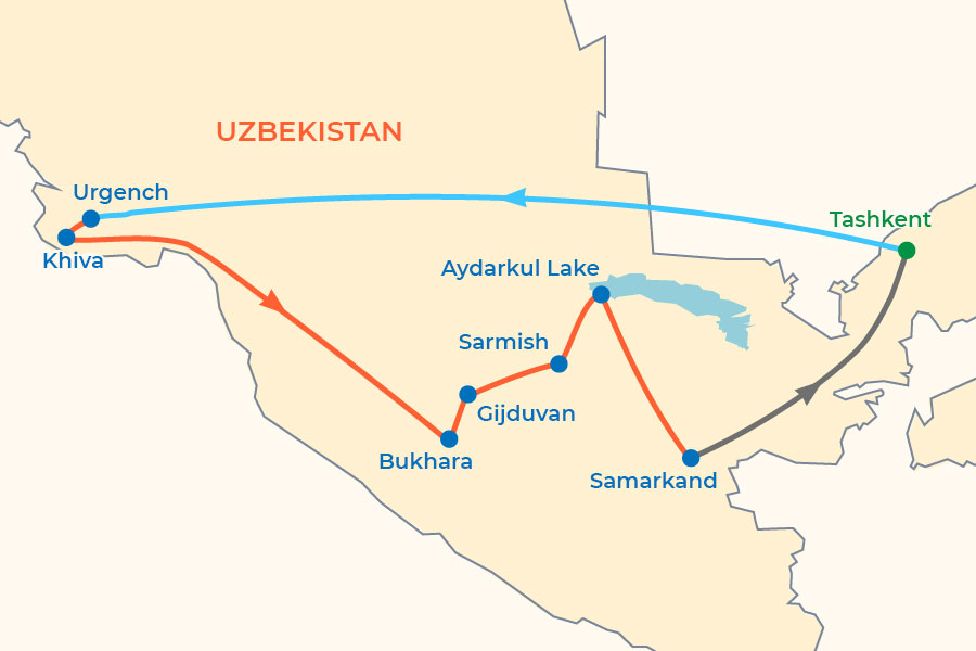 Silk Road Caravan in Uzbekistan Tour from USA map