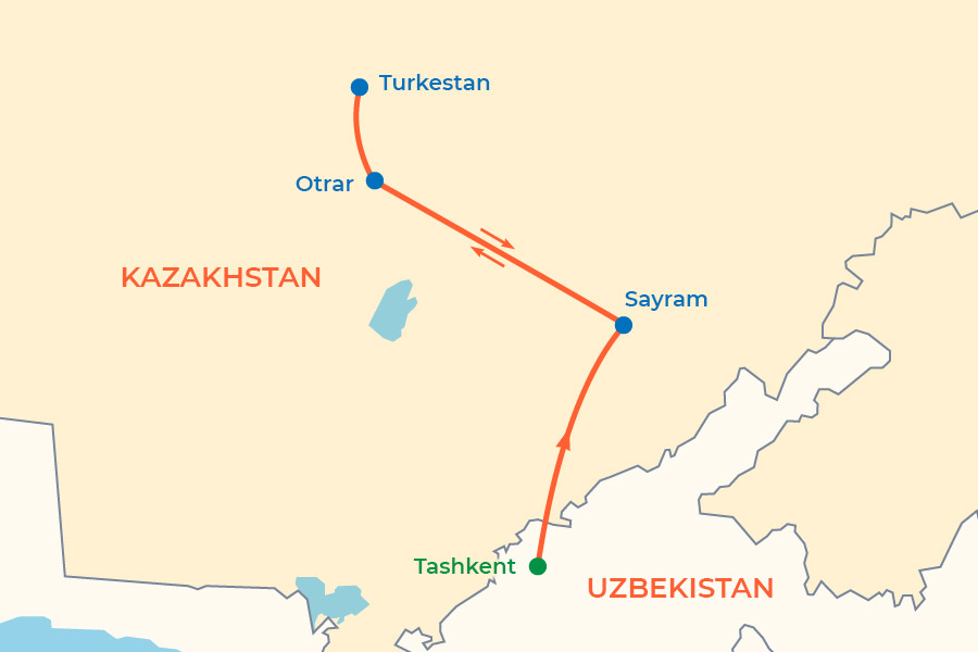 2-Day Turkestan and Otrar Tour from Tashkent map
