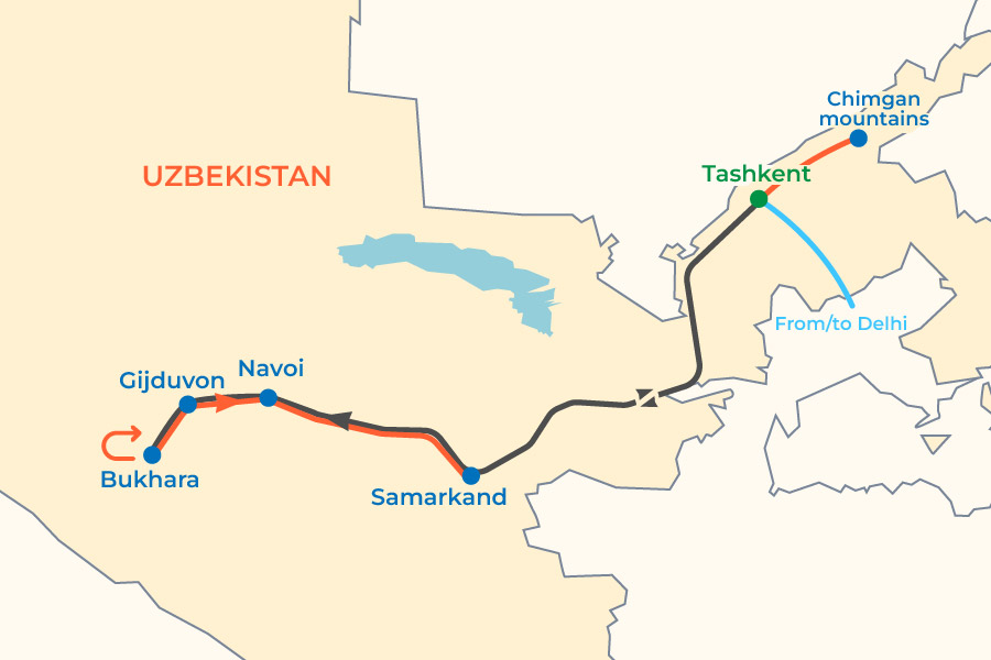 Uzbekistan Classic Tour from India map