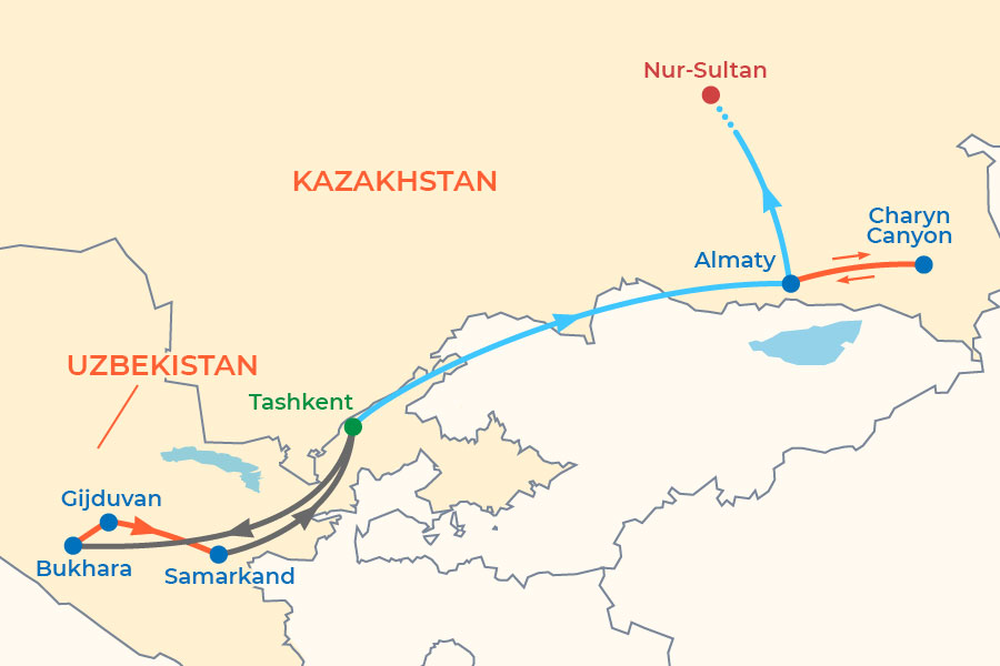 Uzbekistan-Kazakhstan 8-Day Tour map