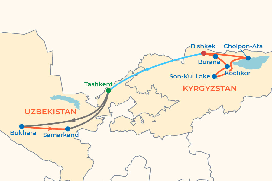 Uzbekistan-Kyrgyzstan 11-Day Tour map